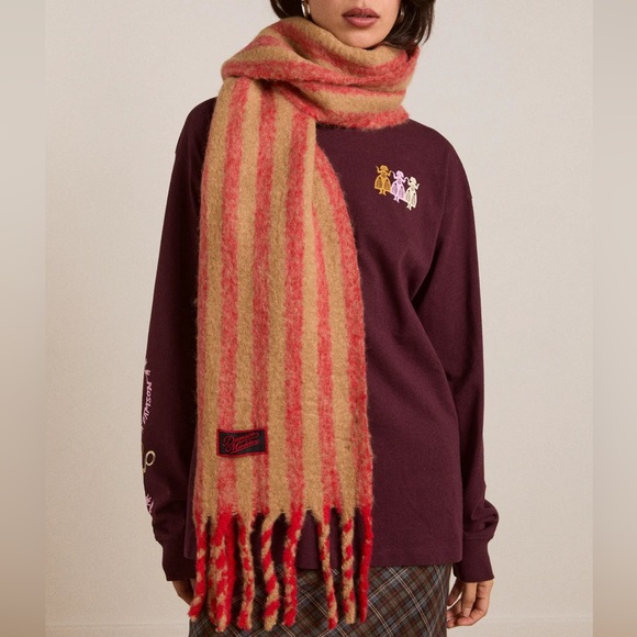 Damson Madder. Stripe brushed scarf in red - Picture 1 of 4